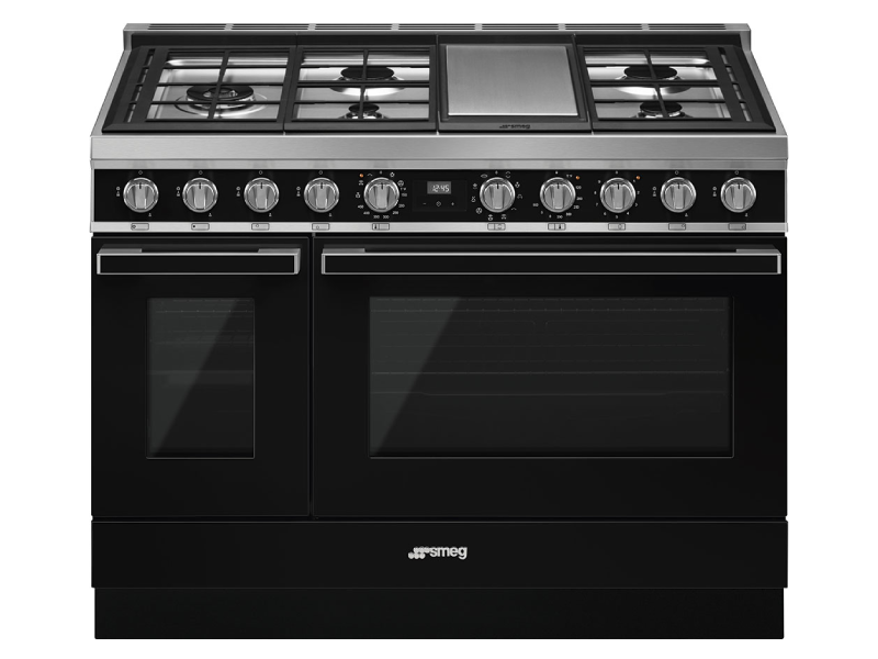 48" SMEG Cooker Portofino Freestanding Professional Dual Fuel Range with 5 Burners in Black - CPF48UGMBL