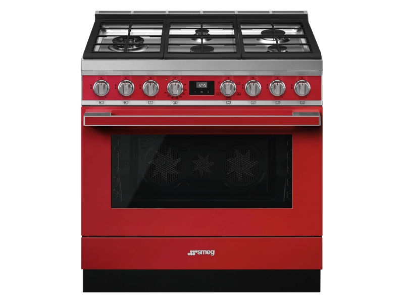 36" SMEG Cooker Portofino Freestanding Professional Gas Range with 5 Burners in Red - CPF36UGGR