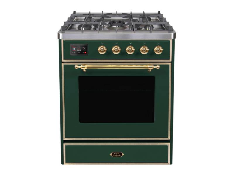 30" ILVE Majestic II Dual Fuel Freestanding Range with Brass Trim in Emerald Green  - UM30DNE3EGG-NG