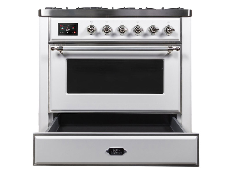 36" ILVE Majestic II Dual Fuel Liquid Propane Freestanding Range with Chrome Trim  in White  - UM09FDNS3WHC-LP
