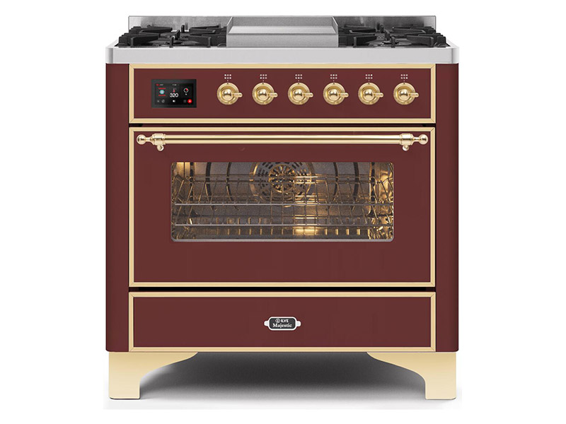 36" ILVE Majestic II Dual Fuel Range in Burgundy with Brass Trim - UM09FDNS3BUG-NG