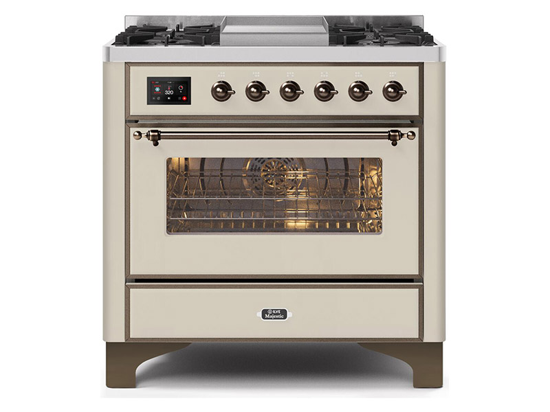 36" ILVE Majestic II Dual Fuel Freestanding Range with Bronze Trim in Antique White - UM09FDNS3AWB-LP