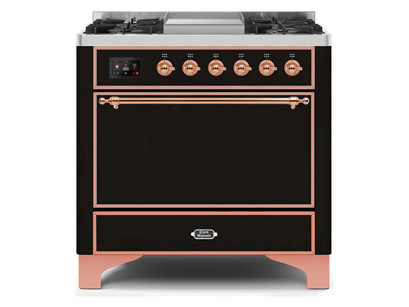 36" ILVE Majestic II Dual Fuel Range in Glossy Black with Copper Trim - UM09FDQNS3BKP-LP