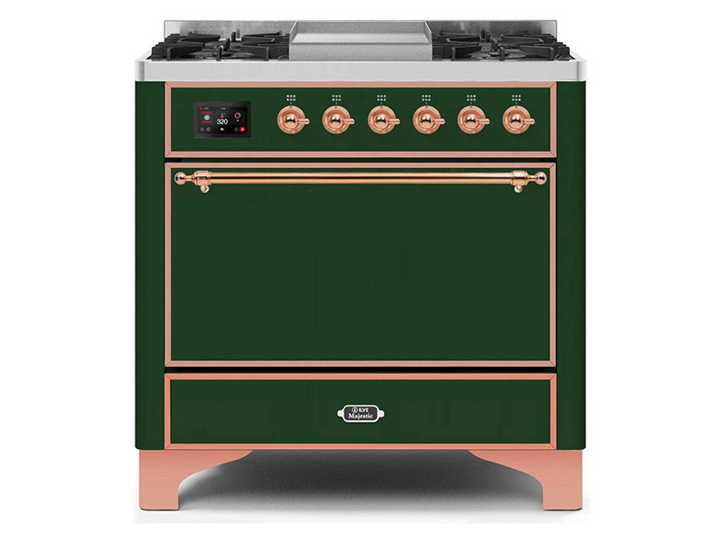 36" ILVE Majestic II Dual Fuel Range with Copper Trim in Emerald Green - UM09FDQNS3EGP-LP