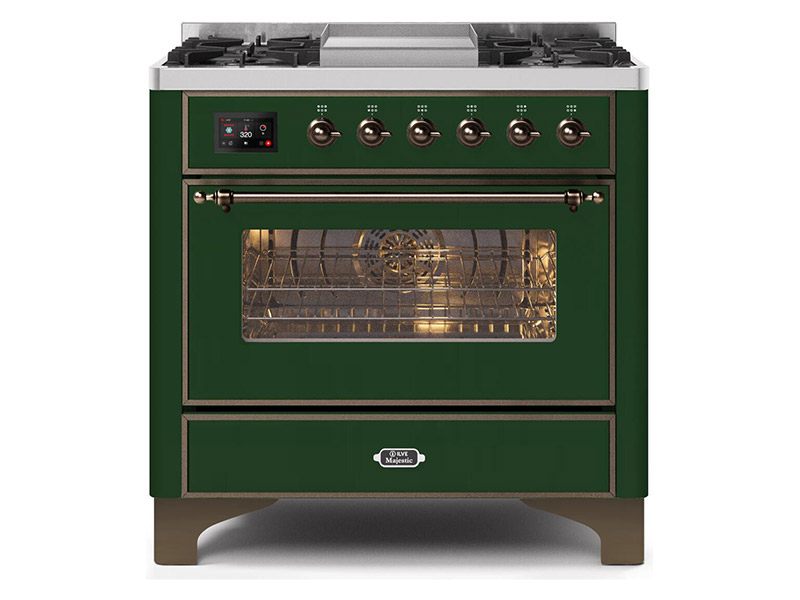 36" ILVE Majestic II Dual Fuel Freestanding Range with Bronze Trim in Emerald Green - UM09FDNS3EGB-LP