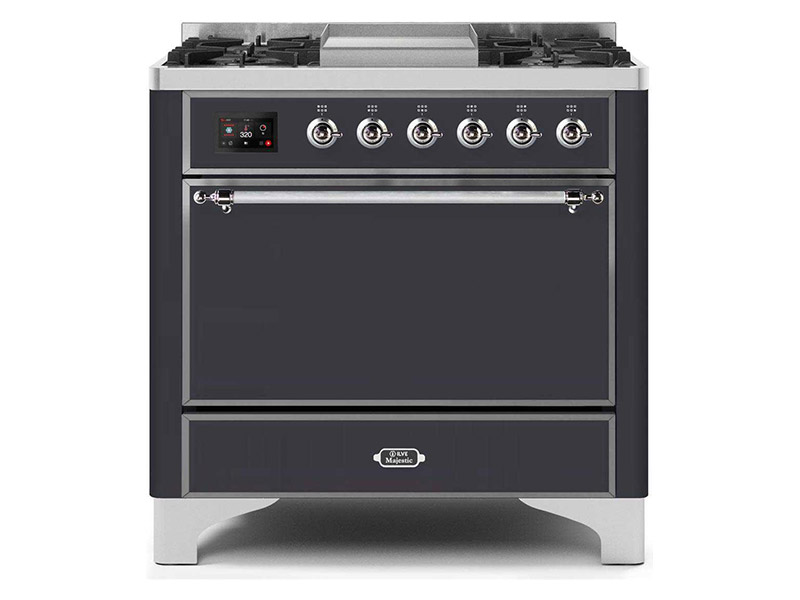 36" ILVE Majestic II Dual Fuel Freestanding Range with Chrome Trim in Matte Graphite- UM09FDQNS3MGC-NG