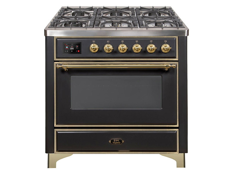 36" ILVE Majestic II Dual Fuel Range in Matte Graphite with Brass Trim - UM09FDNS3MGG-NG
