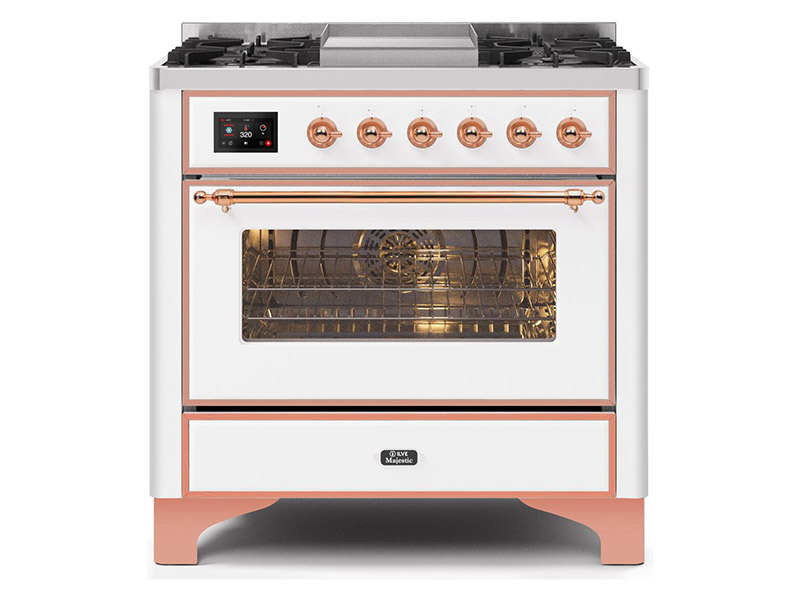 36" ILVE Majestic II Dual Fuel Range with Copper Trim in White - UM09FDNS3WHP-NG