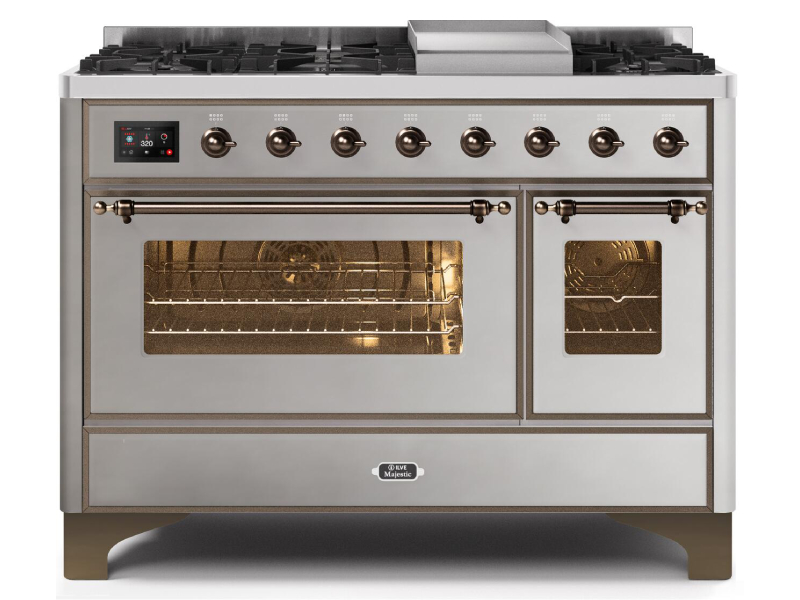 48" ILVE Majestic II Dual Fuel Liquid Propane Freestanding Range With Bronze Trim In Stainless Steel - UM12FDNS3/SSB LP