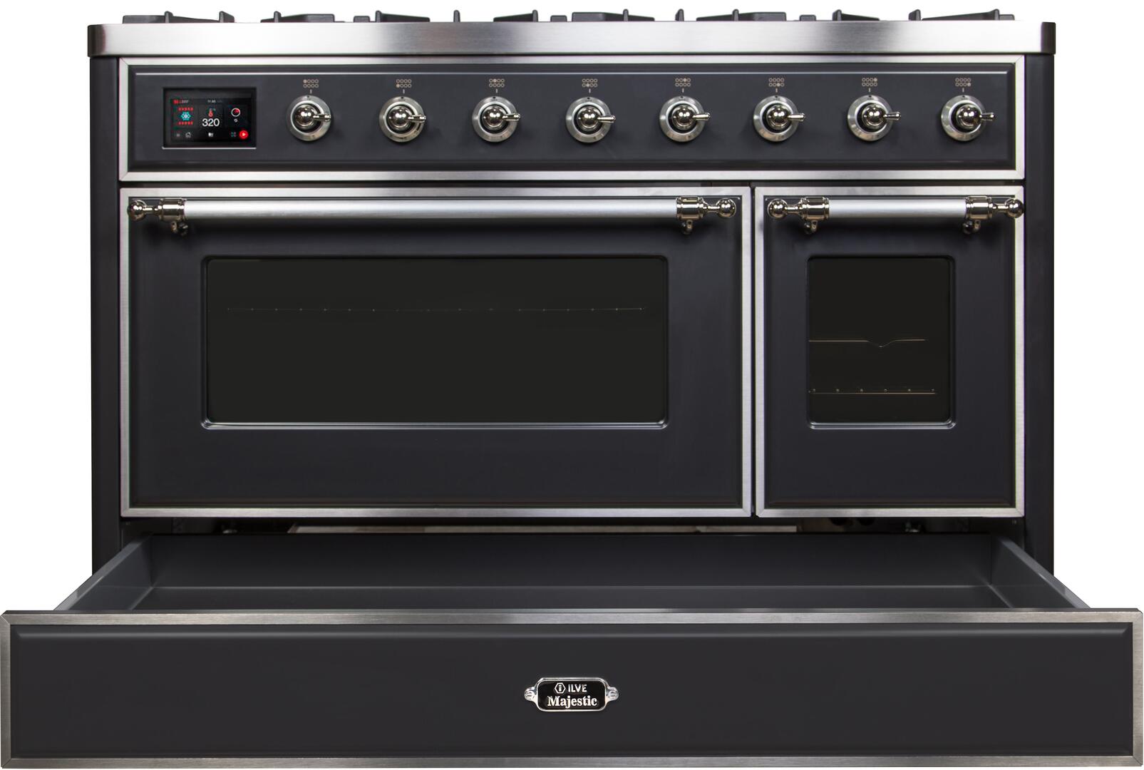 48" ILVE Majestic II Dual Fuel Range in Matte Graphite with Chrome Trim - UM12FDNS3MGC-NG