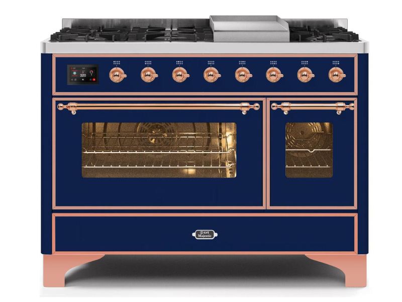 48" ILVE Majestic II Dual Fuel Range with Copper Trim in Blue - UM12FDNS3MBP-LP