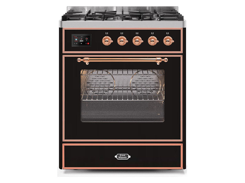 30" ILVE Majestic II Dual Fuel Range with Copper Trim in Glossy Black  - UM30DNE3BKP-LP