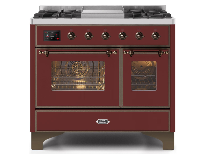 40" ILVE Majestic II Dual Fuel Range with Bronze Trim in Burgundy - UMD10FDNS3BUB-NG