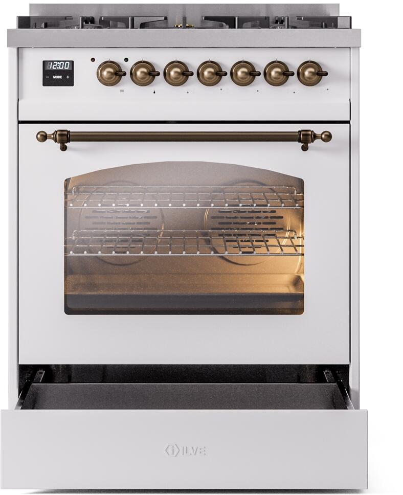 30" ILVE Nostalgie II Dual Fuel Natural Gas Freestanding Range in White with Bronze Trim - UP30NMP/WHB NG