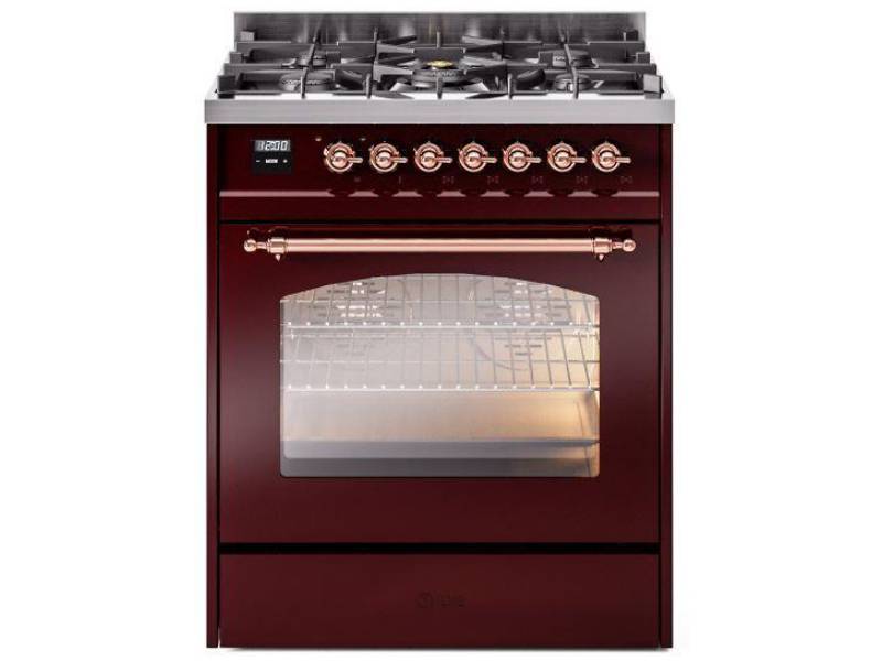 30" ILVE Nostalgie II Dual Fuel Natural Gas Freestanding Range in Burgundy with Copper Trim - UP30NMP/BUP NG