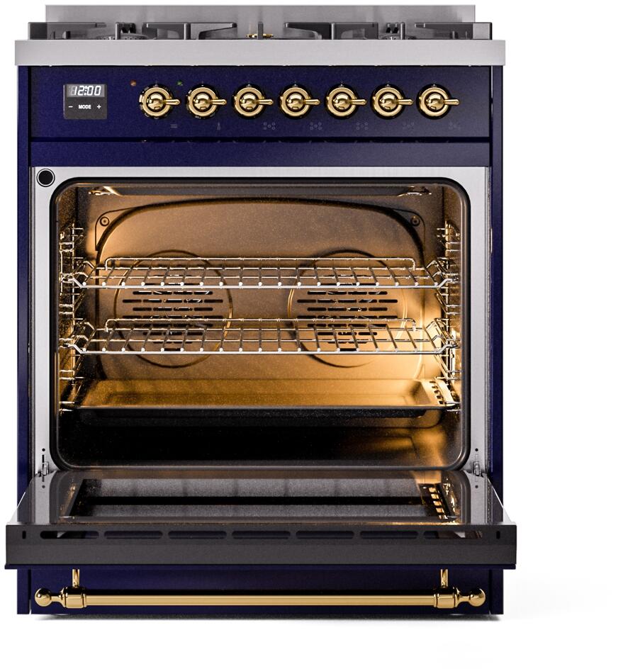 30" ILVE Nostalgie II Dual Fuel Natural Gas Freestanding Range in Blue with Brass Trim - UP30NMP/MBG NG