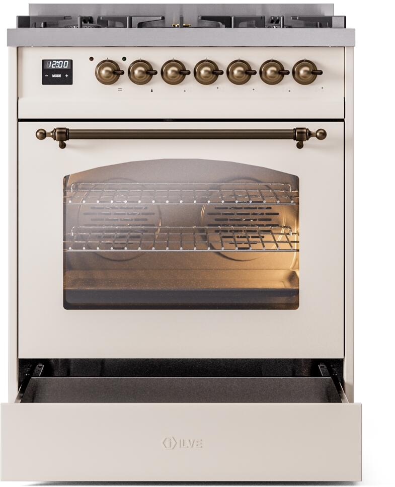 30" ILVE Nostalgie II Dual Fuel Natural Gas Freestanding Range in Antique White with Bronze Trim - UP30NMP/AWB NG