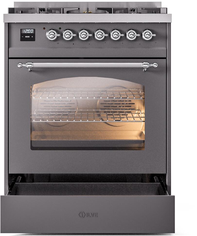 30" ILVE Nostalgie II Dual Fuel Natural Gas Freestanding Range in Matte Graphite with Chrome Trim - UP30NMP/MGC NG
