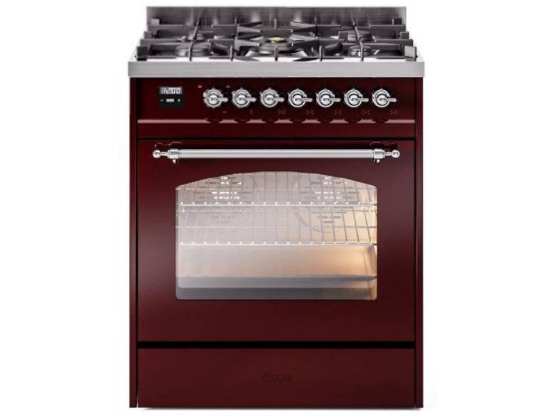 30" ILVE Nostalgie II Dual Fuel Natural Gas Freestanding Range in Burgundy with Chrome Trim - UP30NMP/BUC NG