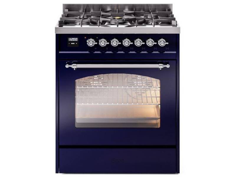 30" ILVE Nostalgie II Dual Fuel Natural Gas Freestanding Range in Blue with Chrome Trim - UP30NMP/MBC NG