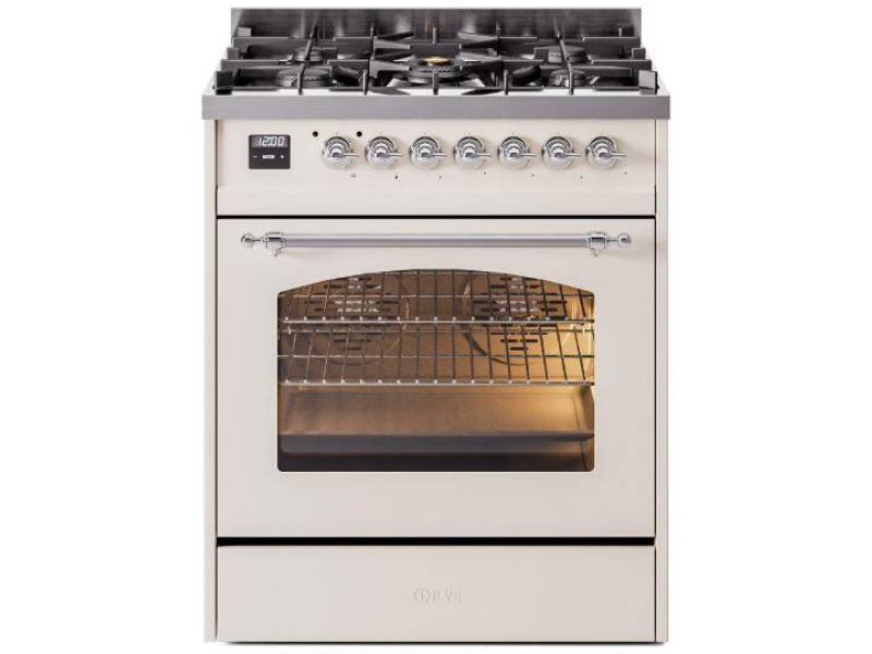 30" ILVE Nostalgie II Dual Fuel Natural Gas Freestanding Range in Antique White with Chrome Trim - UP30NMP/AWC NG