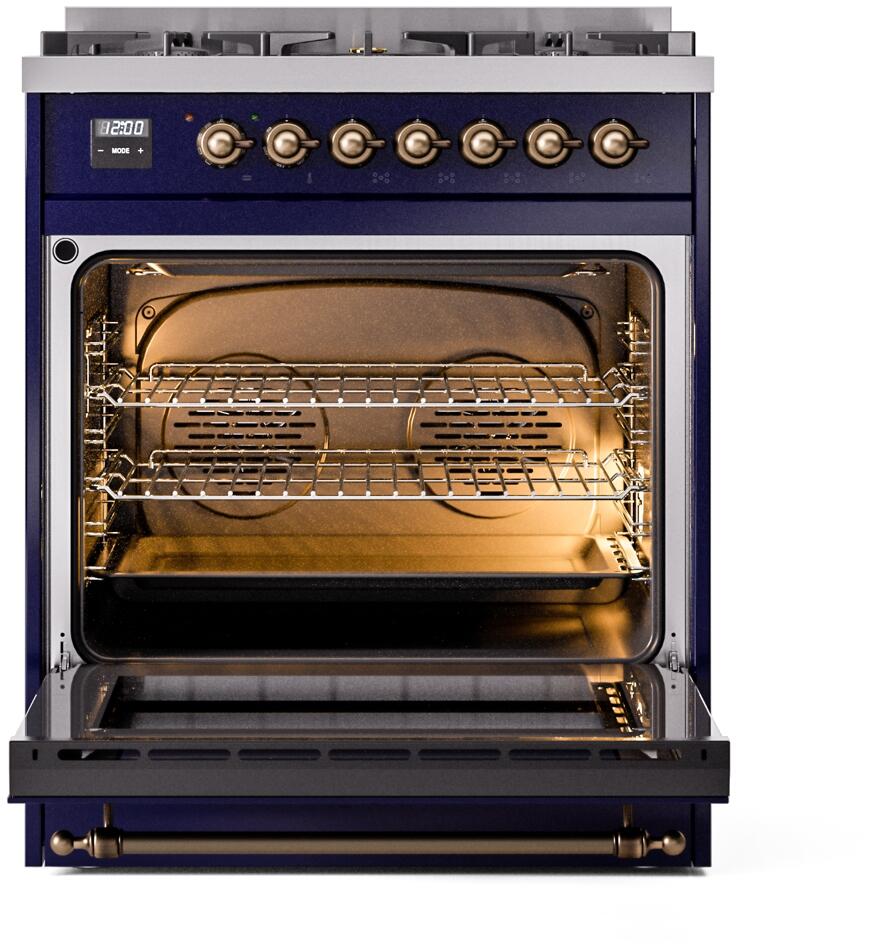 30" ILVE Nostalgie II Dual Fuel Natural Gas Freestanding Range in Blue with Bronze Trim - UP30NMP/MBB NG