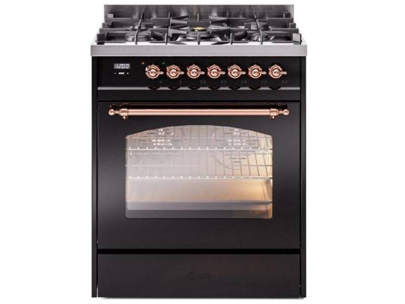 30" ILVE Nostalgie II Dual Fuel Liquid Propane Freestanding Range in Glossy Black with Copper Trim - UP30NMP/BKP LP