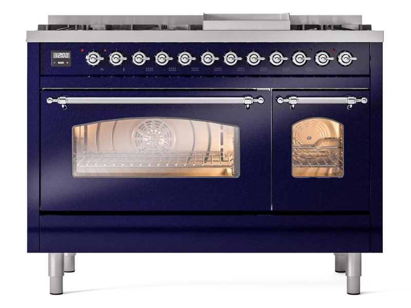 48" ILVE Nostalgie II Dual Fuel Natural Gas Freestanding Range in Blue with Chrome Trim - UP48FNMP/MBC NG