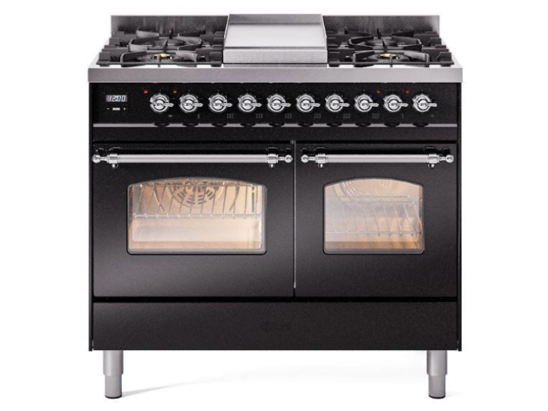 40" ILVE Nostalgie II Dual Fuel Liquid Propane Freestanding Range in Glossy Black with Chrome Trim - UPD40FNMP/BKC LP