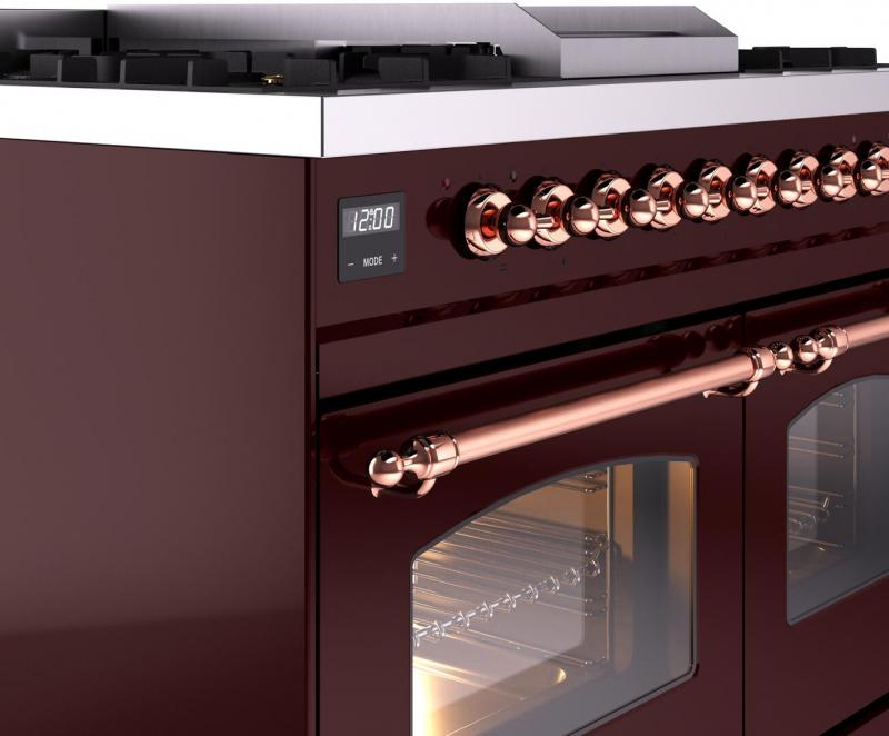 40" ILVE Nostalgie II Dual Fuel Liquid Propane Freestanding Range in Burgundy with Copper Trim - UPD40FNMP/BUP LP