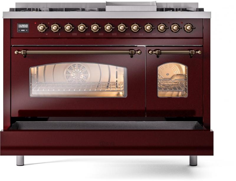 48" ILVE Nostalgie II Dual Fuel Natural Gas Freestanding Range in Burgundy with Bronze Trim - UP48FNMP/BUB NG