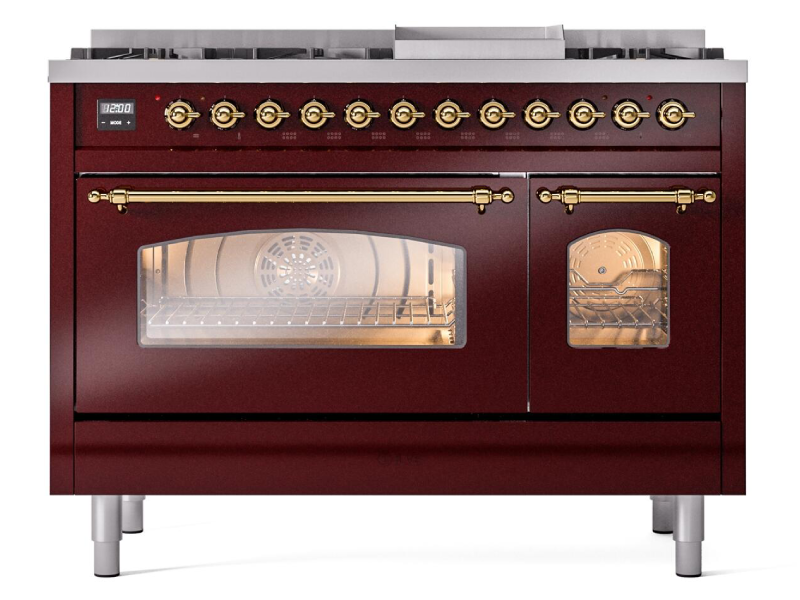 48" ILVE Nostalgie II Dual Fuel Natural Gas Freestanding Range in Burgundy with Brass Trim - UP48FNMP/BUG NG