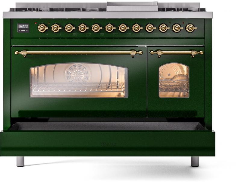 48" ILVE Nostalgie II Dual Fuel Natural Gas Freestanding Range in Emerald Green with Brass Trim - UP48FNMP/EGG NG
