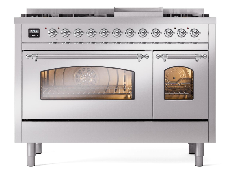 48" ILVE Nostalgie II Dual Fuel Liquid Propane Freestanding Range in Stainless Steel with Chrome Trim - UP48FNMP/SSC LP