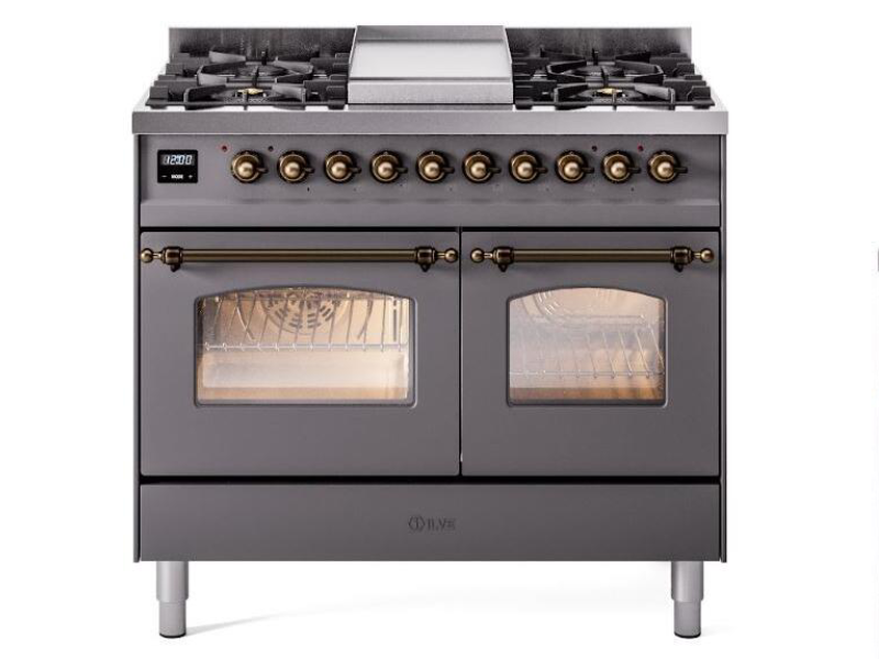 40" ILVE Nostalgie II Dual Fuel Natural Gas Freestanding Range in Matte Graphite with Bronze Trim - UPD40FNMP/MGB NG