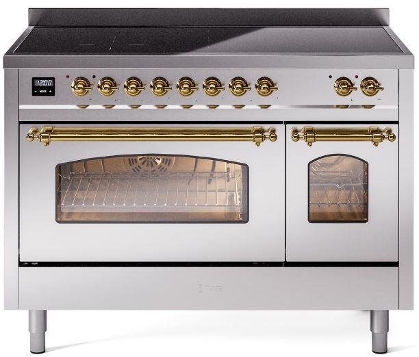 48" ILVE Nostalgie II Electric Freestanding Range in Stainless Steel with Brass Trim - UPI486NMP/SSG
