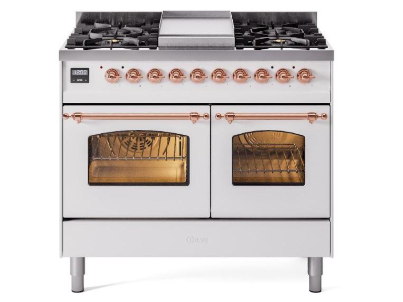 40" ILVE Nostalgie II Dual Fuel Natural Gas Freestanding Range in White with Copper Trim - UPD40FNMP/WHP NG
