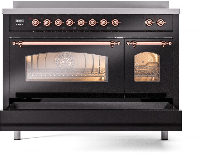 48" ILVE Nostalgie II Electric Freestanding Range in Glossy Black with Copper Trim - UPI486NMP/BKP