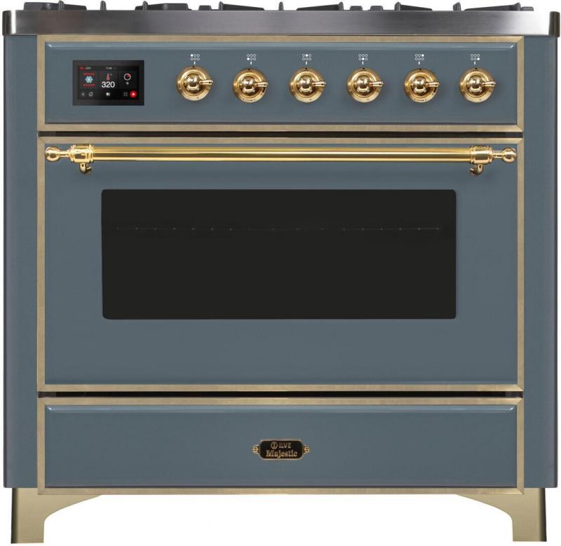 36" ILVE Majestic II Dual Fuel Natural Gas Freestanding Range in Blue Grey with Brass Trim - UM09FDNS3/BGG NG