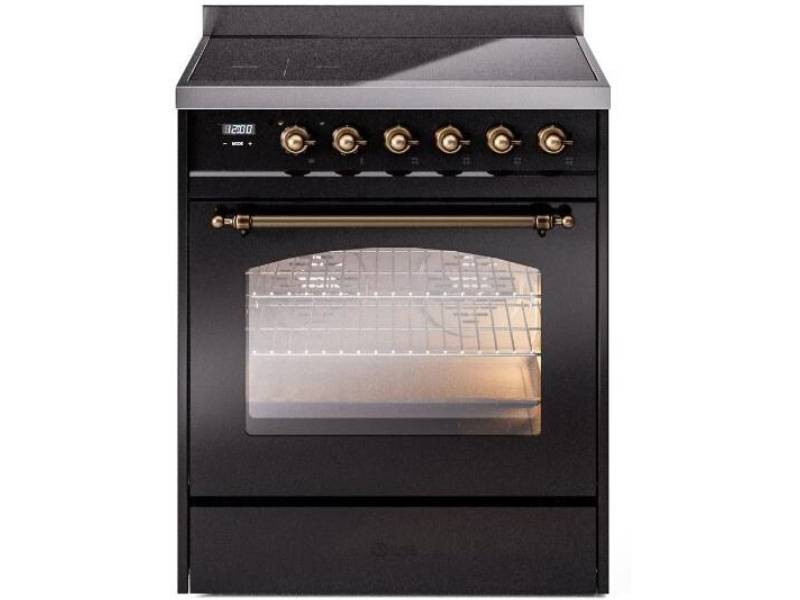 30" ILVE Nostalgie II Electric Freestanding Range in Glossy Black with Bronze Trim - UPI304NMP/BKB