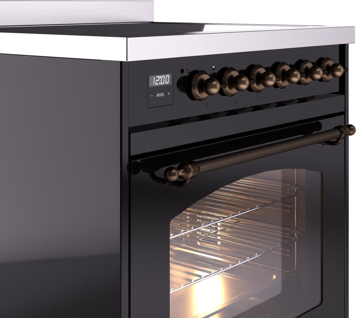 30" ILVE Nostalgie II Electric Freestanding Range in Glossy Black with Bronze Trim - UPI304NMP/BKB