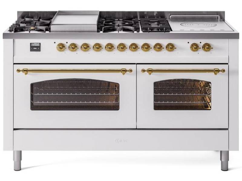 60" ILVE Nostalgie II Dual Fuel Liquid Propane Freestanding Range in White with Brass Trim - UP60FSNMP/WHG LP