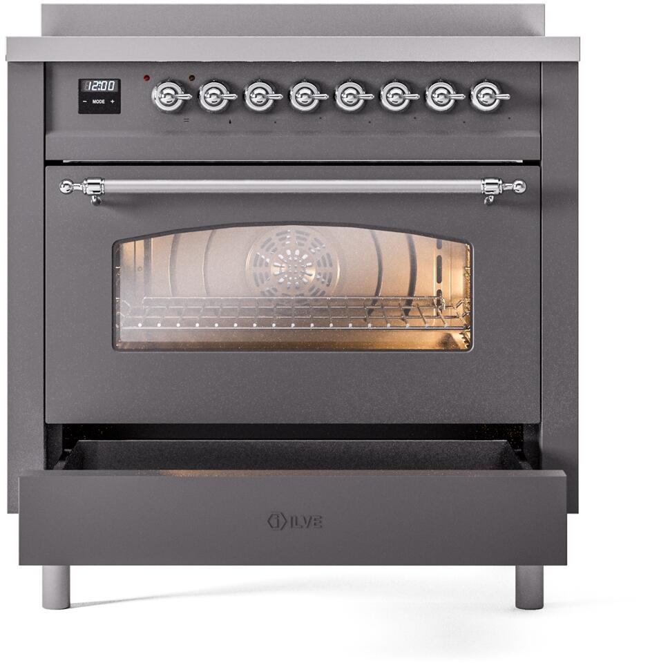 36" ILVE Nostalgie II Electric Freestanding Range in Matte Graphite with Chrome Trim - UPI366NMP/MGC