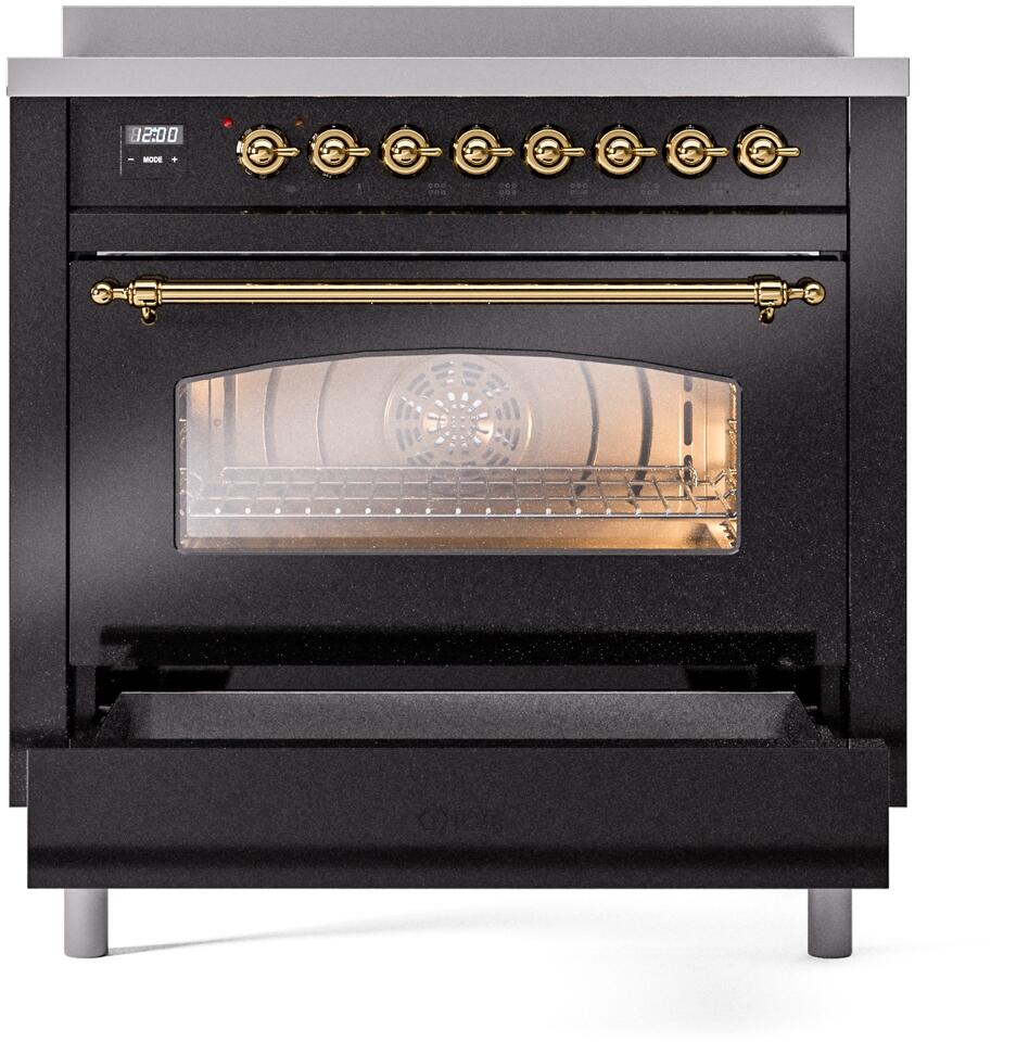 36" ILVE Nostalgie II Electric Freestanding Range in Glossy Black with Brass Trim - UPI366NMP/BKG