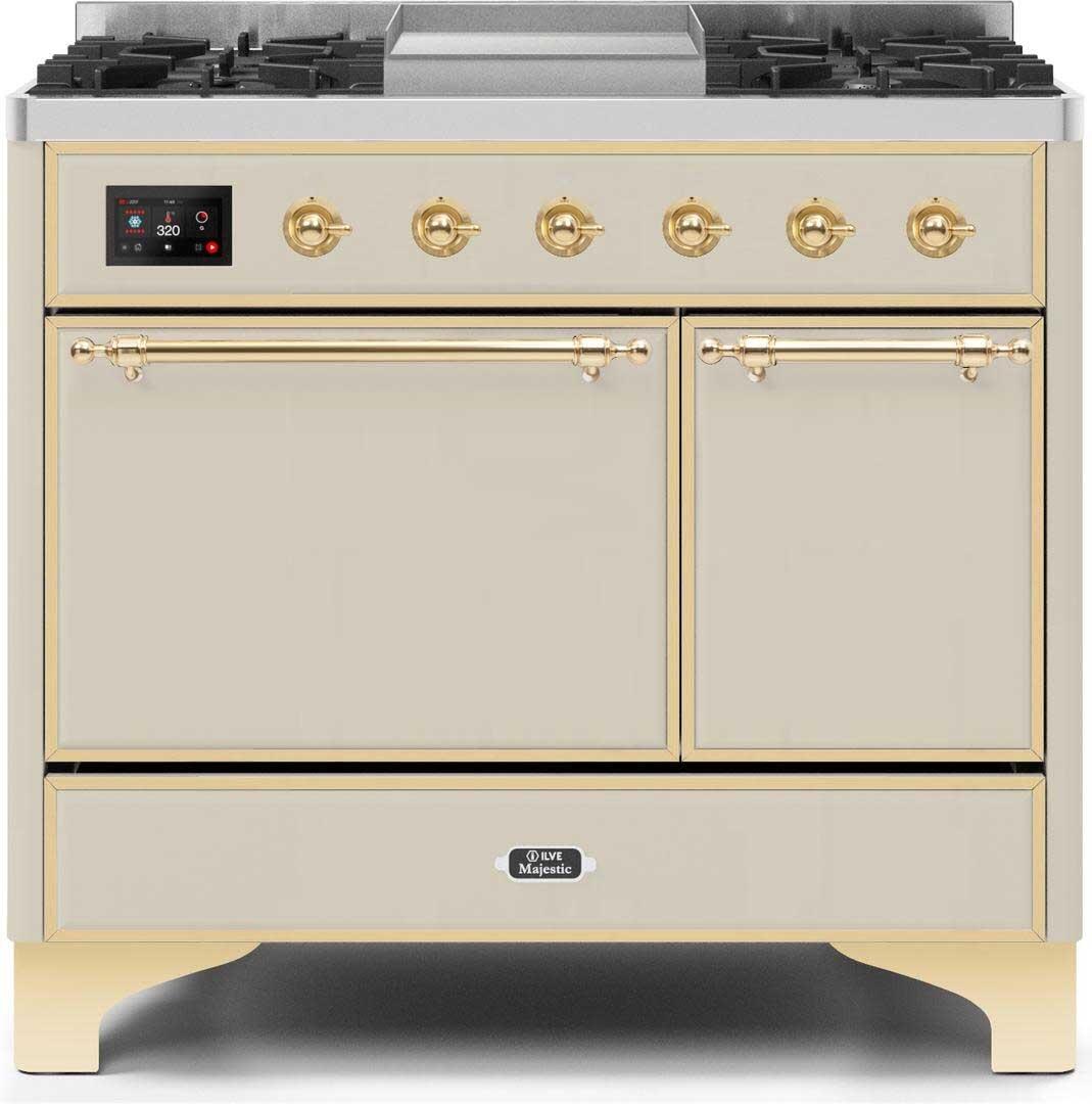 40" ILVE Majestic II Dual Fuel Liquid Propane Range with Brass Trim in Antique White - UMD10FDQNS3/AWG LP