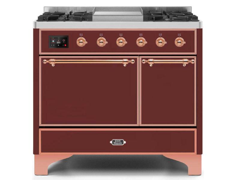 40" ILVE Majestic II Dual Fuel Natural Gas Freestanding Range with Copper in Burgundy - UMD10FDQNS3/BUP NG