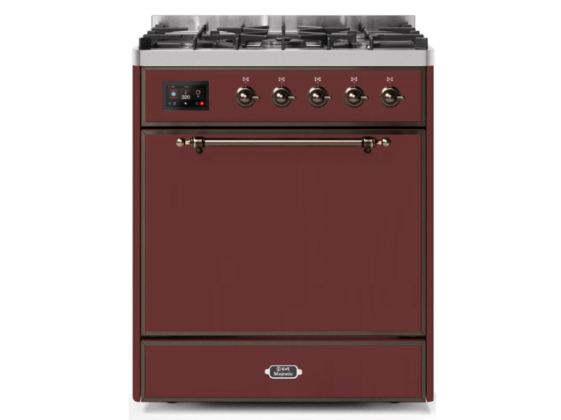30" ILVE Majestic II Dual Fuel Freestanding Range in Burgundy with Bronze Trim - UM30DQNE3/BUB LP