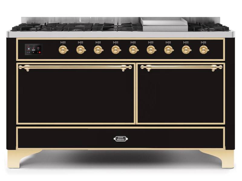 60" ILVE Majestic II Dual Fuel Liquid Propane Range with Brass Trim in Glossy Black - UM15FDQNS3/BKG LP