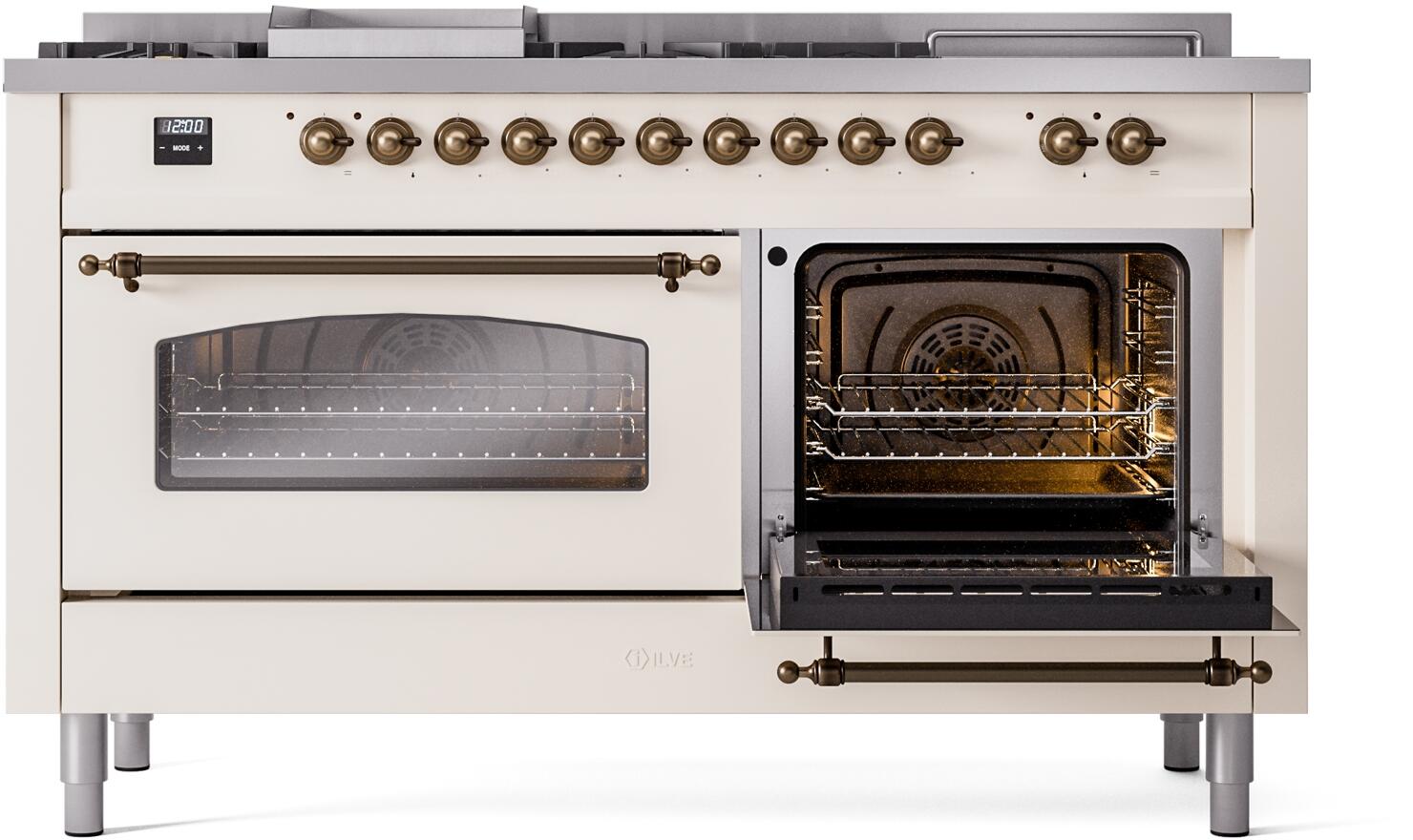 60" ILVE Nostalgie II Dual Fuel Natural Gas Freestanding Range in Antique White with Bronze Trim - UP60FSNMP/AWB NG
