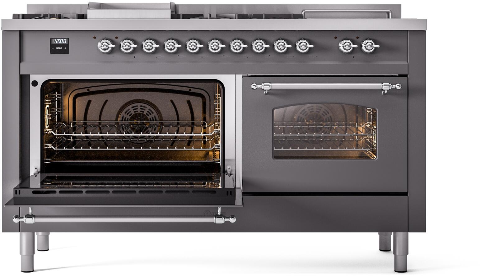 60" ILVE Nostalgie II Dual Fuel Natural Gas Freestanding Range in Matte Graphite with Chrome Trim - UP60FSNMP/MGC NG